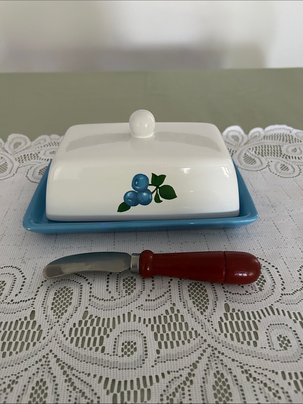 Blueberry Motif Ceramic Butter Dish with Blue Base 8x5 in few call outs - Picture 10 of 11